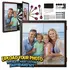 Custom dartboard cabinet set with personalized family photo design, steel tip darts, mounting hardware, and upload photo graphic.