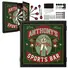 Custom name baseball sports bar dartboard cabinet set open with regulation dartboard, steel tip darts, and mounting hardware included