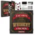 Custom Whiskey Lounge dartboard cabinet set open with dartboard, steel-tip darts, and mounting hardware included.