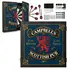 Personalized Scottish Pub dartboard cabinet set open showing dartboard, included darts, mounting hardware, and custom name on doors.