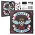 Personalized Johnny’s Dart Club skull dartboard cabinet set including bristle dartboard, flag-themed darts, and mounting hardware, ideal for man cave, game room, or home bar.