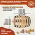 Mini oak aging barrel specifications showing stand, bung, spigot and black steel hoops