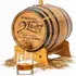 Personalized mini oak whiskey aging barrel made from American white oak with rye and wheat grains and whiskey pouring into glass