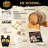 Apple Whiskey making kit contents including charred American white oak barrel, apple essence packets, restoration kit and Bootlegger’s Bible guide.
