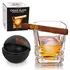 Whiskey cigar glass with built-in cigar holder and ice ball mold gift set product display.
