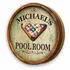 Angled view of handmade quarter barrel pool room sign showing solid wood rim and dimensional depth.