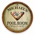 Michael’s Pool Room 20–21 inch round wooden barrel head sign featuring 3D billiard ball rack and vintage lettering.