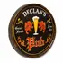 Angled view of handmade wooden barrel end pub sign showing real wood staves and metal band