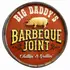 Front view of handmade personalized BBQ barrel sign with bold BARBEQUE JOINT lettering