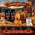 American Single Malt Whiskey barrel aging kit with oak barrel pouring whiskey into glass, essence, and gift set presentation.