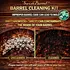 Comparison of uncleaned vs cleaned oak barrel interior showing brettanomyces contamination and mold buildup versus properly cleaned charred barrel surface