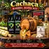 Brazilian Cachaça barrel aging kit with oak barrel, sugarcane stalks, premium essence packets, and aged spirit glass ready to pour.