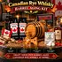 Canadian rye whisky barrel aging kit with oak barrel, Canadian rye essence packets, Bootlegger’s Bible aging guide, barrel cleaning kit, whisky glass, and Canadian-themed accessories for aging whisky at home.