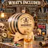 Personalized Drunkin Sailor whiskey aging barrel kit with American white oak barrel, black steel hoops, wooden stand, bung, spigot, and Bootlegger's Bible guide.