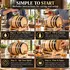 Four-step guide to using a small oak whiskey aging barrel: cure the barrel with water, fill with whiskey or bourbon, allow the spirit to age, then pour from the wooden spigot and enjoy.