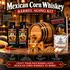 Mexican Corn Whiskey barrel aging kit with American oak barrel, whiskey essence packets, glass of whiskey on ice and cultural heritage backdrop