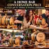 Personalized American white oak whiskey aging barrels with black steel hoops and wooden spigots, featured in home bar entertaining, bourbon tasting with friends, and custom whiskey barrel gift-giving scenes.