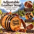 Pooch Hooch oak dog barrel with adjustable genuine leather carrying strap, brass buckle, heavy-duty metal clips, black hoops and wooden spigot.