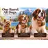 Pooch Hooch 1-liter oak dog barrels worn by small, medium and large dogs, featuring adjustable leather straps, black hoops and wooden spigots. Copy alt text