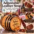 PupTown Girl engraved 1-liter American oak dog barrel with adjustable genuine leather strap, brass buckle, metal attachment hardware, and wooden spigot.