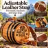 Sit Stay Pour 1-liter American white oak dog barrel featuring an adjustable genuine leather strap, brass buckle, heavy-duty attachment hardware, and engraved barrel head.