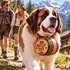 Saint Bernard wearing a Sit Stay Pour 1-liter oak dog barrel with leather strap while hiking in the Alps, with a couple walking along a mountain trail.