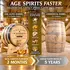 Personalized J.D. Pruna & Sons whiskey aging barrel compared with a traditional 53-gallon barrel, illustrating faster oak flavor development and notes of vanilla, caramel, toasted oak, and spice.