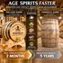 Drunkin Sailor personalized oak whiskey aging barrel compared with a 53-gallon commercial barrel, highlighting faster flavor development and oak aging benefits.