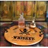Authentic 21-inch round oak barrel head serving tray with wrought iron handles displaying whiskey decanter and glass in a rustic bar setting. 'Drunken Sailor' Barrel Head Serving Tray